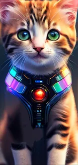 Futuristic cat with neon collar and green eyes in vibrant digital art.