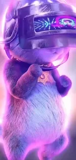 Futuristic cat wearing a VR helmet with vibrant purple hues.