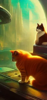 Futuristic cats overlooking a glowing sci-fi cityscape.