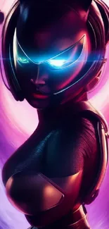 Futuristic Catwoman with glowing eyes in a purple-themed wallpaper.