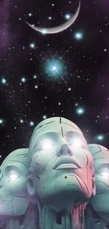 Futuristic robotic heads under a starry sky with a crescent moon.