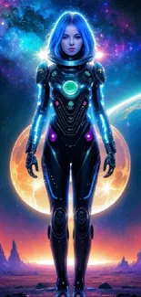 Futuristic warrior in space with vibrant colors.