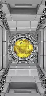 Futuristic wallpaper with chain tunnel and yellow glowing sphere.