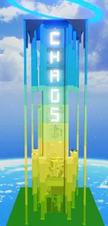 Futuristic chaos tower with neon blue and green design against a cloudy sky.