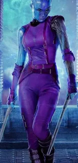 Futuristic female warrior in a purple suit standing in a dynamic pose.