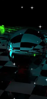 Futuristic checkered wallpaper with glass sphere and neon colors.