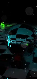 Futuristic checkered sphere with neon lights and abstract design.