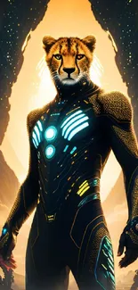 Futuristic cheetah superhero with neon highlights set against a sci-fi landscape at sunset.