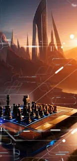 Futuristic landscape with a chessboard and sci-fi elements at sunset.