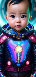 Futuristic child in neon spacesuit mobile wallpaper.