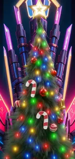 Futuristic Christmas tree with neon lights and candy canes.