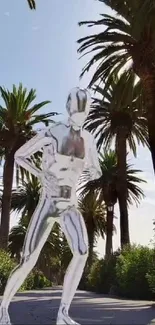 Futuristic chrome figure amidst tall palm trees.