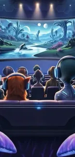 Aliens watch a futuristic sci-fi movie in a high-tech cinema setting.