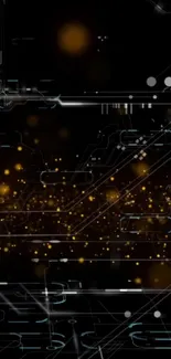 Futuristic abstract circuit wallpaper with golden glowing elements on a black background.