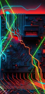 Futuristic neon circuit board with blue and red elements.