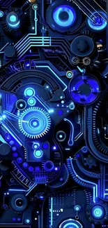 Futuristic circuit board with blue glowing lights on a mobile wallpaper.
