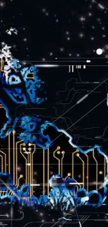 Futuristic blue and gold circuit board art wallpaper for mobile phone.