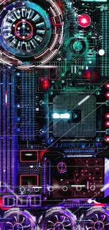 Futuristic circuit board wallpaper with neon colors and digital designs.