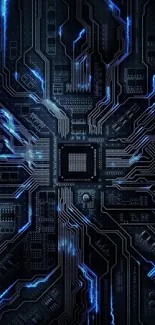 Futuristic blue circuit board wallpaper design.