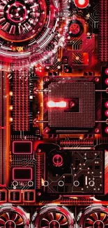 Futuristic red circuit board wallpaper art.