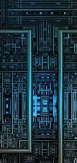 Futuristic circuit board wallpaper with dark metallic patterns and blue accents.