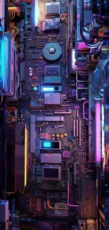 Futuristic circuit board wallpaper with neon colors.