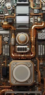 Futuristic metallic circuit board design in copper tones.