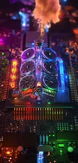 Futuristic circuit board with glowing neon lights and colorful components.