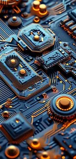 Intricate circuit board with futuristic design elements.