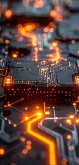 Futuristic circuit board glowing with orange lights.