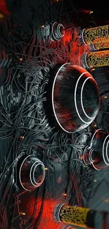 Futuristic circuit board with red highlights and intricate details.