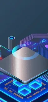 Futuristic circuit board with neon elements and glowing chips.