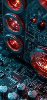 Futuristic circuit board with glowing red lights.