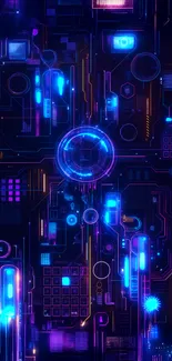 Futuristic neon circuit board design in blue and purple hues.