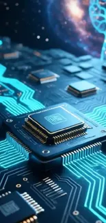 Futuristic circuit board with glowing elements and cosmic background.