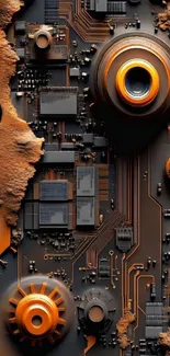 Futuristic circuit board design with orange highlights and intricate patterns.