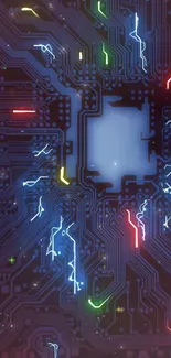 Futuristic neon circuit board wallpaper.