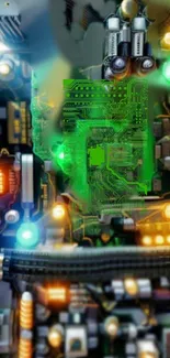 Futuristic circuit board wallpaper with vibrant green hues, ideal for tech lovers.