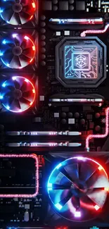 Futuristic circuit board wallpaper with red and blue glowing lights.