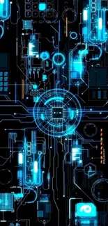 Futuristic circuit board with blue glow.