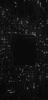 Intricate black circuit board wallpaper design.