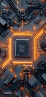 Futuristic circuit board with glowing orange accents, perfect for tech enthusiasts.