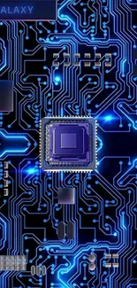 Futuristic blue neon circuit board design for phone wallpaper.