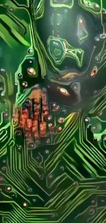 Futuristic circuit board design in green hues.