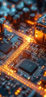 Circuit board with glowing orange lines and intricate design.