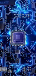 Futuristic circuit board with blue neon glow.