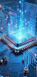 Futuristic circuit board with glowing blue patterns.