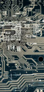 Intricate circuit board wallpaper design on dark blue background.