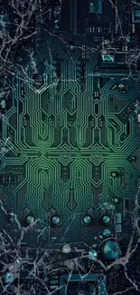 Futuristic circuit board wallpaper with teal and blue-green glow.