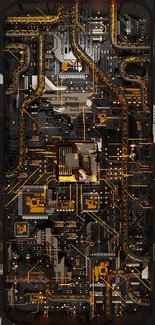 Futuristic mobile wallpaper with circuit board design and glowing details.